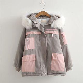 Furry-trim Color Block Zip Hooded Jacket