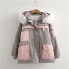 Furry-trim Color Block Zip Hooded Jacket