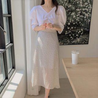 Puff-sleeve Shirred Blouse / Floral Print Midi A-line Skirt