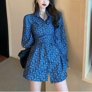 Puff-sleeve Lettering Shirtdress