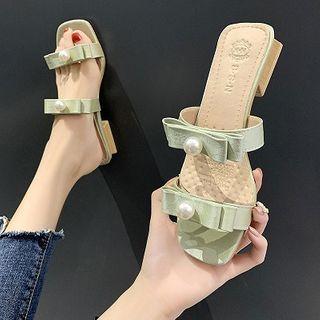 Block Heel Faux Pearl Bow Sandals