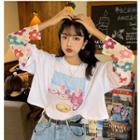 Mock Two-piece Long-sleeve Flower Printed Paneled T-shirt