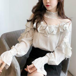 Mock-neck See-through Mesh Dot Frilled Blouse