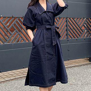 Balloon-sleeve Double-breasted Midi Coat Dress