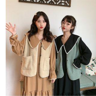 Contrast Trim Long-sleeve Midi Shift Dress / Pocket Detail Vest