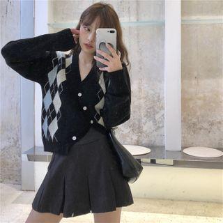 Long-sleeve Plaid Knit Cardigan Black - One Size