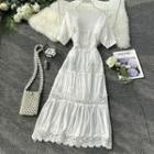 Short-sleeve Lace Panel Maxi A-line Dress White - One Size