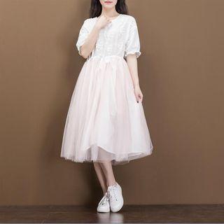 Flower Embroidered Elbow Sleeve Mesh Dress