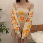 Flower Pattern Long-sleeve Cropped Cardigan / Flower Pattern Knit Camisole Top