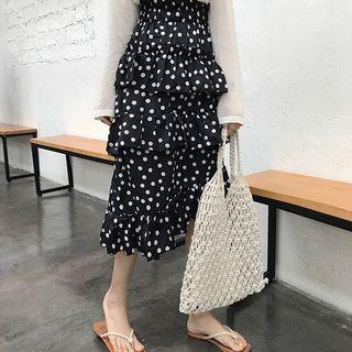 Midi Dotted Layered Skirt / V-neck Cardigan
