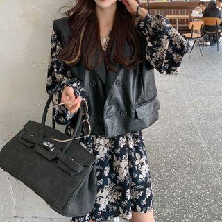 Long-sleeve Floral Print Mini A-line Dress / Faux Leather Vest