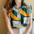 Short-sleeve Color Block Print Chiffon Shirt
