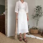 Elbow-sleeve Accordion Pleat A-line Dress