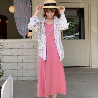 Floral Light Jacket / Spaghetti Strap Midi Dress