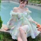 Off-shoulder Tie-dyed Ruffled A-line Dress