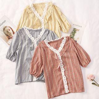 Ruffled-trim V-neck Checked Top