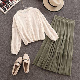 Set: Chunky Knit Sweater + Velvet Midi A-line Skirt