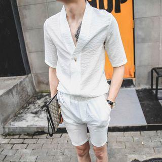 Set: Plain Elbow Sleeve Split Neck Shirt + Shorts