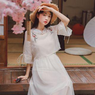 Set: 3/4-sleeve Embroidered Top + Spaghetti Strap Dress