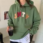 Lettering Print Drawstring Hoodie Green - One Size