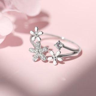 Rhinestone Floral Open Ring 1 Pc - Silver - One Size