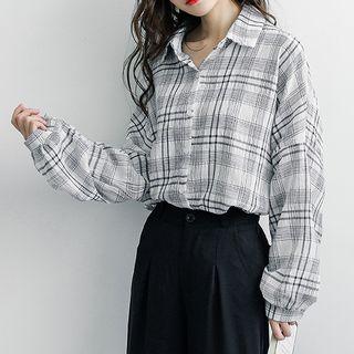 Oversized Puff-sleeve Plaid Shirt Black & White - One Size