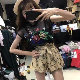 Set: Embroidery Top + Tie-waist Lace Shorts