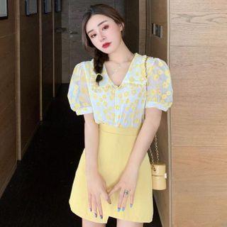 Puff-sleeve Floral Blouse / Asymmetric A-line Skirt