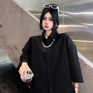 Elbow-sleeve Chained Shirt Black - One Size