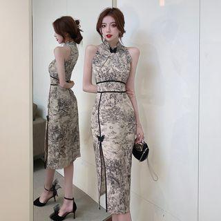 Sleeveless Print Slit Midi Sheath Dress