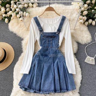 Set Of 2 : Denim Suspender Accordion Pleat Dress + Round-neck Long-sleeve Top