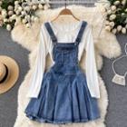 Set Of 2 : Denim Suspender Accordion Pleat Dress + Round-neck Long-sleeve Top