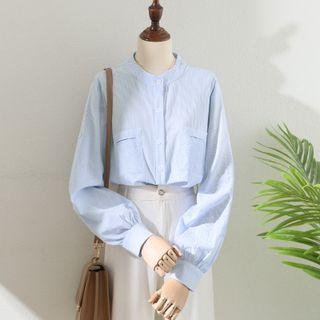 Long-sleeve Stand-collar Striped Dual-pocket Shirt