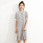 Short-sleeve Organza Trim Buttoned A-line Dress Grayish Blue - One Size