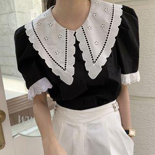 Puff-sleeve Pointed Collar Top