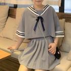 Set: 3/4-sleeve Sailor Collar Top + Pleated Mini A-line Skirt
