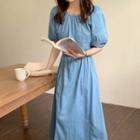 Set: Short-sleeve Denim Top + Midi A-line Skirt