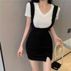 Faux Pearl Crossbody Bag / Plain Short-sleeve T-shirt / Mini Overall Dress / Set