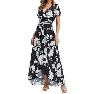 Short-sleeve Flower Print Maxi A-line Dress