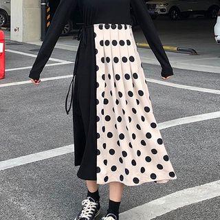 Dotted Panel Midi Pleated Skirt As Shown In Figure - One Size