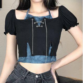 Mock Two-piece Short-sleeve Chained Crop Top
