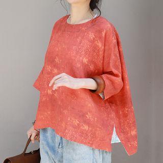 Printed Side-slit 3/4-sleeve T-shirt As Shown In Figure - One Size