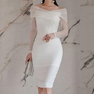 Off-shoulder Dotted Mesh-sleeve Sheath Dress