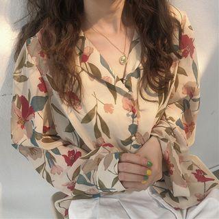 Flower Print Chiffon Shirt Almond - One Size