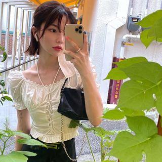 Puff-sleeve Plain Drawstring Cropped Blouse White - One Size
