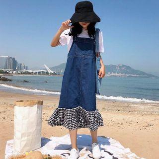 Plaid Panel Midi Denim Jumper Pants