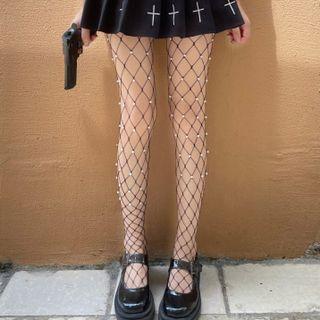 Faux Pearl Fishnet Tights White - One Size