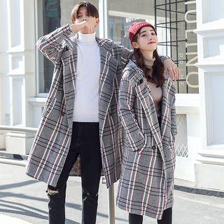 Couple Matching Hooded Plaid Double-breasted Coat