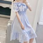 Plaid Ruffle Trim Short-sleeve Tie-neck Midi A-line Dress
