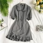 Short-sleeve Houndstooth A-line Dress Gray - One Size
